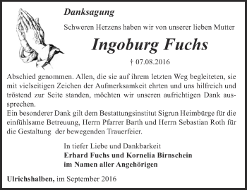 Traueranzeige von Ingoburg Fuchs von Thüringer Allgemeine, Thüringische Landeszeitung