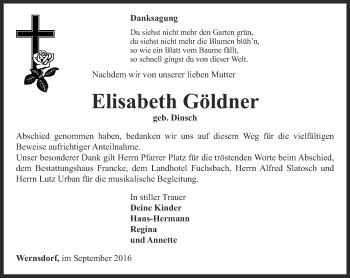 Traueranzeige von Elisabeth Göldner von Ostthüringer Zeitung