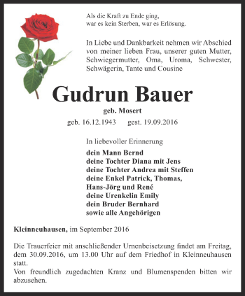 Traueranzeige von Gudrun Bauer von Thüringer Allgemeine