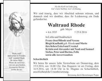 Traueranzeige von Waltraud Rhode von Thüringer Allgemeine