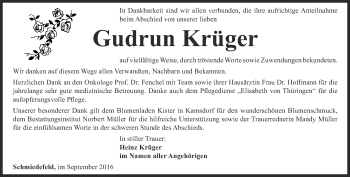 Traueranzeige von Gudrun Krüger von Ostthüringer Zeitung