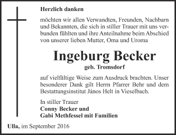 Traueranzeige von Ingeburg Becker von Thüringer Allgemeine, Thüringische Landeszeitung