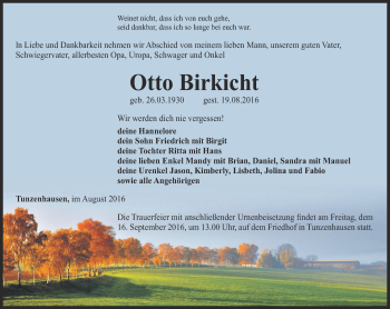 Traueranzeige von Otto Birkicht von Thüringer Allgemeine