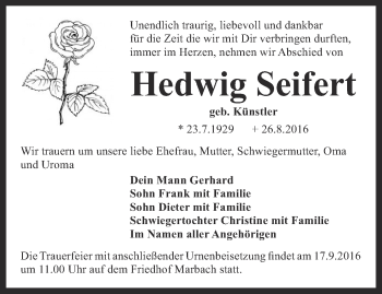 Traueranzeige von Hedwig Seifert von Ostthüringer Zeitung, Thüringische Landeszeitung