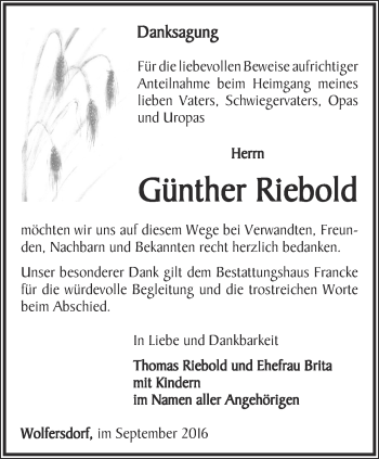 Traueranzeige von Günther Riebold von Ostthüringer Zeitung