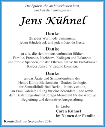 Traueranzeige von Jens Kühnel von Thüringer Allgemeine, Thüringische Landeszeitung