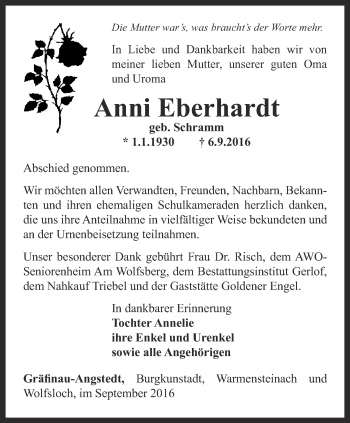 Traueranzeige von Anni Eberhardt von Thüringer Allgemeine