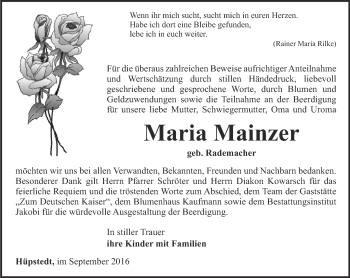 Traueranzeige von Maria Mainzer von Thüringer Allgemeine, Thüringische Landeszeitung
