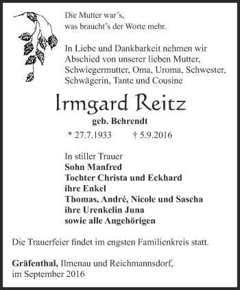 Traueranzeige von Irmgard Reitz von Ostthüringer Zeitung