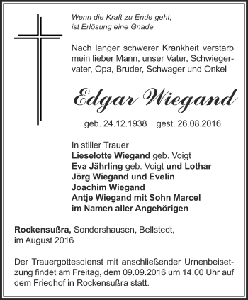 Traueranzeige von Edgar Wiegand von Thüringer Allgemeine