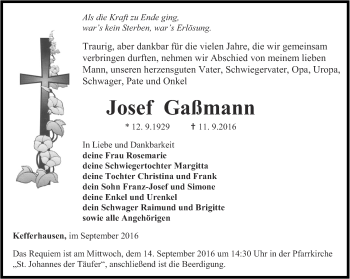 Traueranzeige von Josef Gaßmann von Thüringer Allgemeine