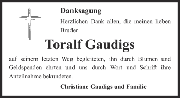 Traueranzeige von Toralf Gaudigs von Ostthüringer Zeitung