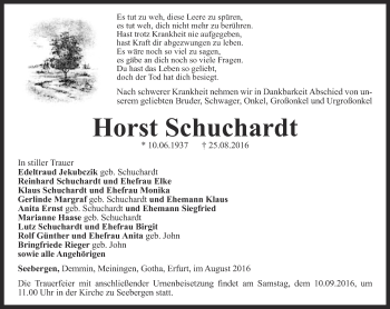 Traueranzeige von Horst Schuchardt von Ostthüringer Zeitung, Thüringische Landeszeitung