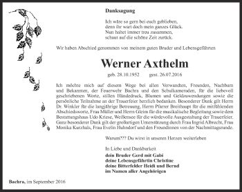 Traueranzeige von Werner Axthelm von Thüringer Allgemeine