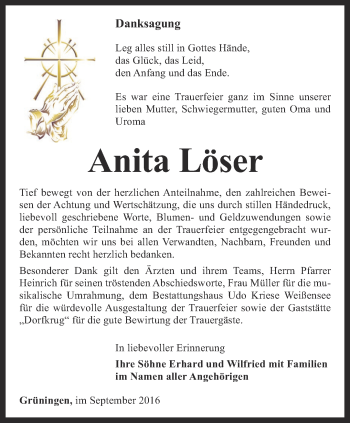 Traueranzeige von Anita Löser von Thüringer Allgemeine