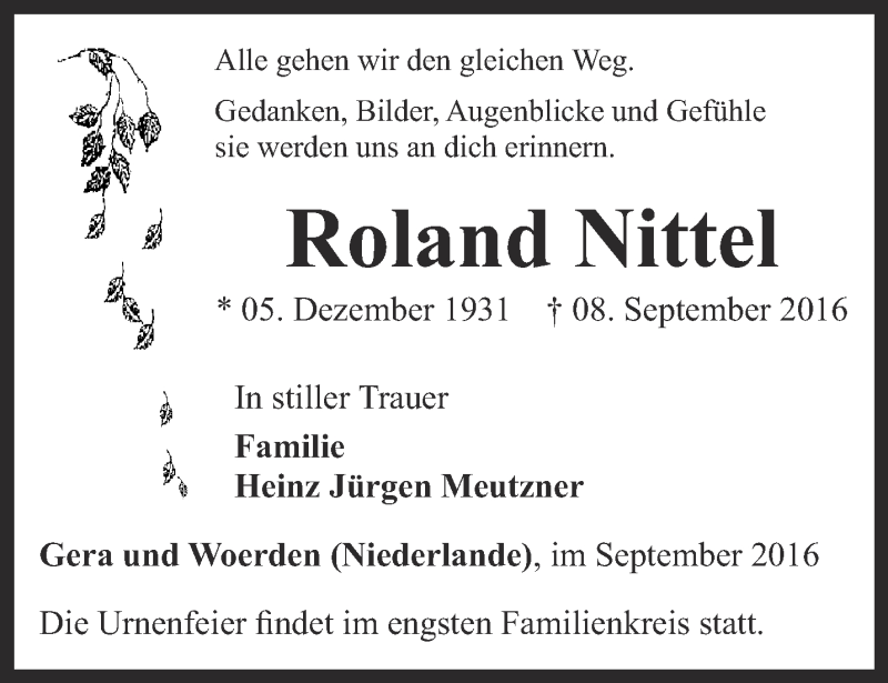  Traueranzeige für Roland Nittel vom 23.09.2016 aus Ostthüringer Zeitung