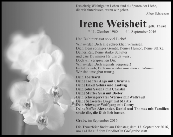 Traueranzeige von Irene Weisheit von Thüringer Allgemeine, Thüringische Landeszeitung
