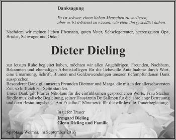 Traueranzeige von Dieter Dieling von Thüringer Allgemeine