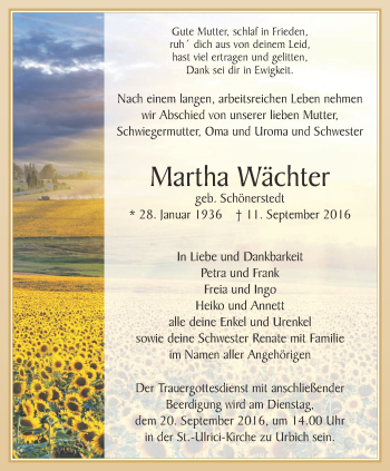 Traueranzeige von Martha Wächter von Thüringer Allgemeine, Thüringische Landeszeitung