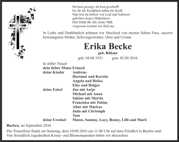 Traueranzeige von Erika Becke von Thüringer Allgemeine