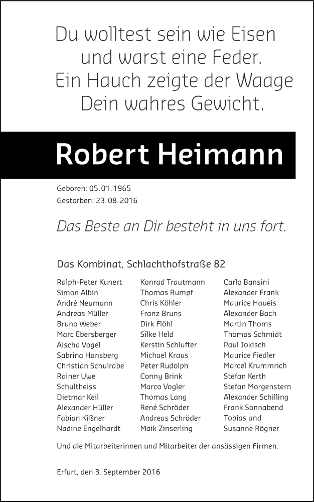  Traueranzeige für Robert Heimann vom 03.09.2016 aus Thüringer Allgemeine, Thüringische Landeszeitung