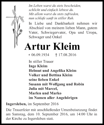 Traueranzeige von Artur Kleim von Thüringer Allgemeine, Thüringische Landeszeitung