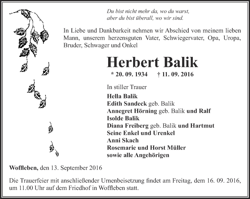  Traueranzeige für Herbert Balik vom 13.09.2016 aus Thüringer Allgemeine