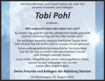 Traueranzeige von Tobi Pohl von Thüringer Allgemeine