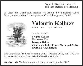 Traueranzeige von Valentin Kellner von Thüringer Allgemeine