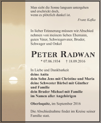 Traueranzeige von Peter Radwan von Ostthüringer Zeitung