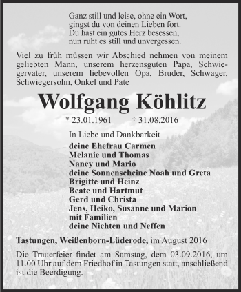 Traueranzeige von Wolfgang Köhlitz von Thüringer Allgemeine
