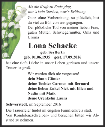 Traueranzeige von Lona Schacke von Thüringer Allgemeine