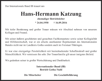 Traueranzeige von Hans-Hermann Katzung von Ostthüringer Zeitung, Thüringische Landeszeitung