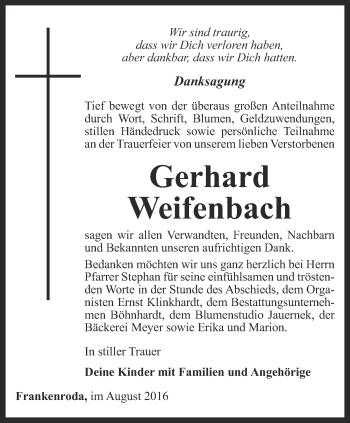 Traueranzeige von Gerhard Weifenbach von Thüringer Allgemeine, Thüringische Landeszeitung