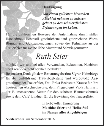 Traueranzeige von Ruth Stier von Thüringer Allgemeine, Thüringische Landeszeitung