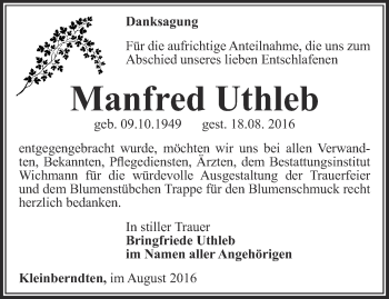 Traueranzeige von Manfred Uthleb von Thüringer Allgemeine