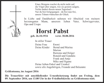 Traueranzeige von Horst Pabst von Thüringer Allgemeine, Thüringische Landeszeitung