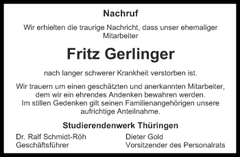 Traueranzeige von Fritz Gerlinger von Ostthüringer Zeitung, Thüringische Landeszeitung