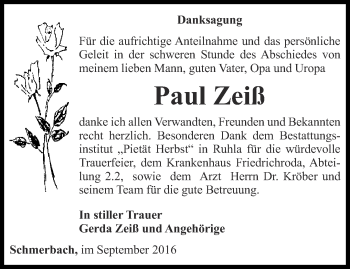 Traueranzeige von Paul Zeiß von Ostthüringer Zeitung, Thüringische Landeszeitung