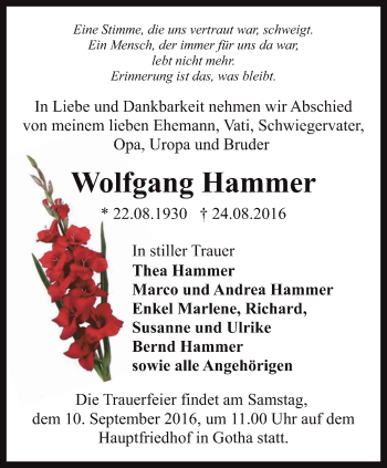 Traueranzeige von Wolfgang Hammer von Thüringer Allgemeine, Thüringische Landeszeitung