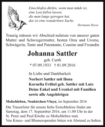 Traueranzeige von Johanna Sattler von Ostthüringer Zeitung, Thüringische Landeszeitung