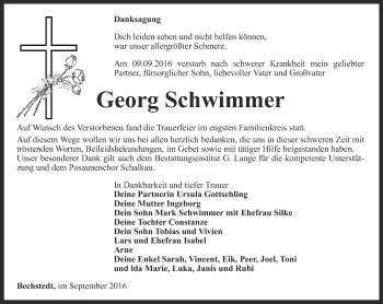 Traueranzeige von Georg Schwimmer von Ostthüringer Zeitung