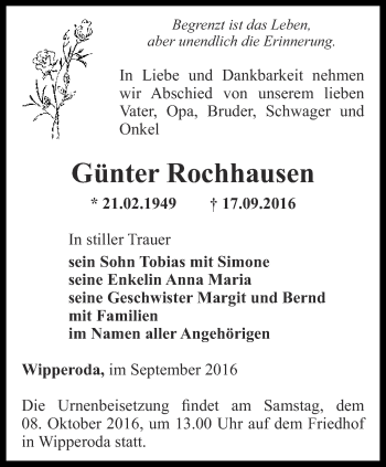 Traueranzeige von Günter Rochhausen von Ostthüringer Zeitung, Thüringische Landeszeitung