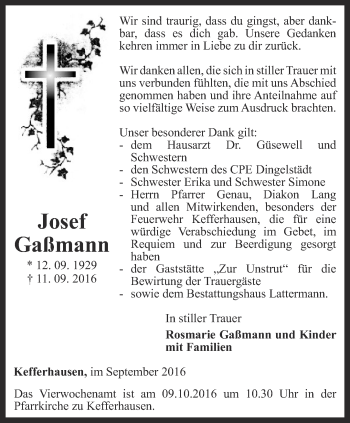 Traueranzeige von Josef Gaßmann von Thüringer Allgemeine