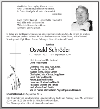 Traueranzeige von Oswald Schröder von Thüringer Allgemeine, Thüringische Landeszeitung