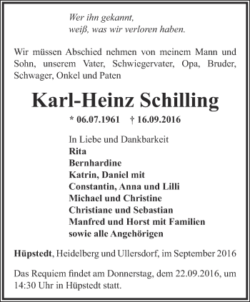 Traueranzeige von Karl-Heinz Schilling von Thüringer Allgemeine, Thüringische Landeszeitung