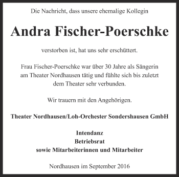 Traueranzeige von Andra Fischer-Poerschke von Thüringer Allgemeine