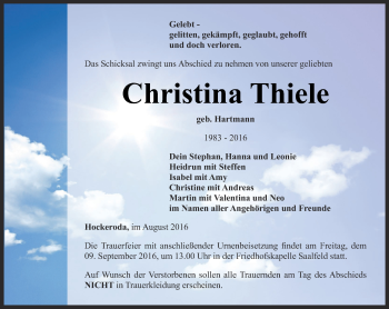 Traueranzeige von Christina Thiel von Ostthüringer Zeitung