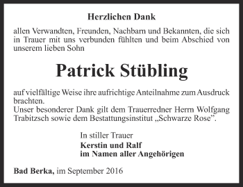 Traueranzeige von Patrick Stübling von Thüringer Allgemeine, Thüringische Landeszeitung