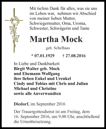 Traueranzeige von Martha Mock von Thüringer Allgemeine, Thüringische Landeszeitung